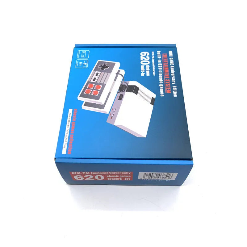 NES 8-bit retro game console with two controllers, power supply, and AV cable on a table.