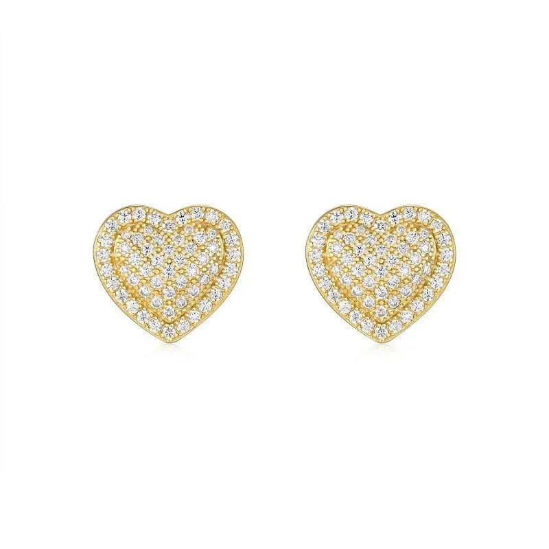 Gold and silver heart-shaped moissanite stud earrings with butterfly clutch fastenings