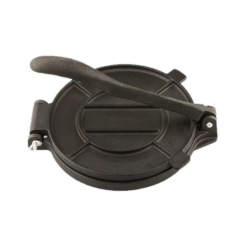 Round cast iron hand pressure cake press on a kitchen surface, available in sizes 16.5cm to 26cm diameter