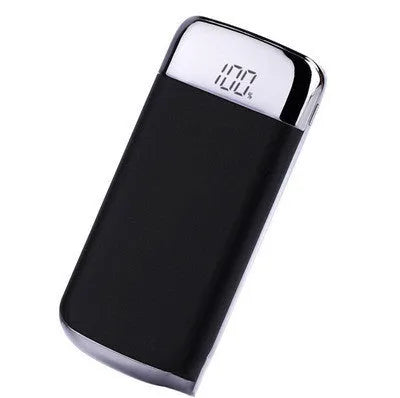 Square alloy power bank with digital display and multiple USB ports in various colours.