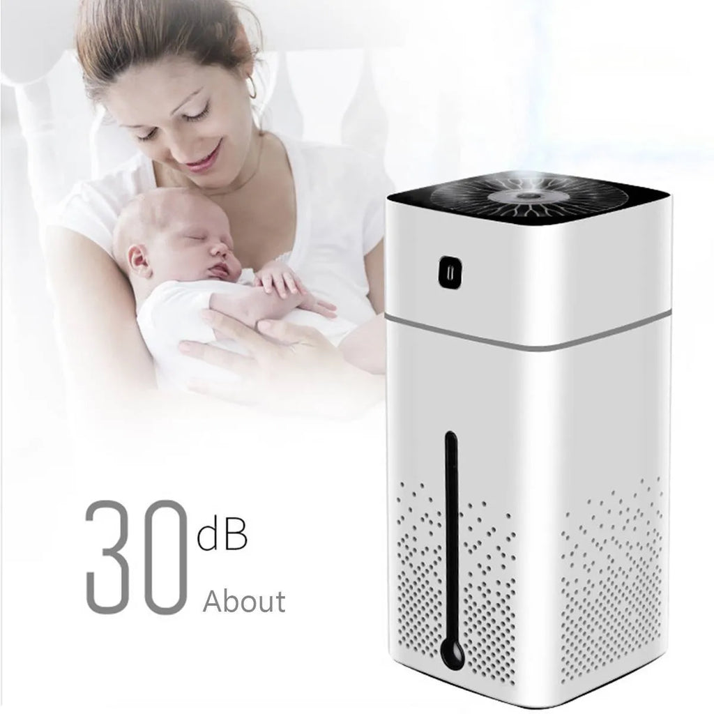 Black and white USB desktop humidifier with 1000ml water tank on a desk.