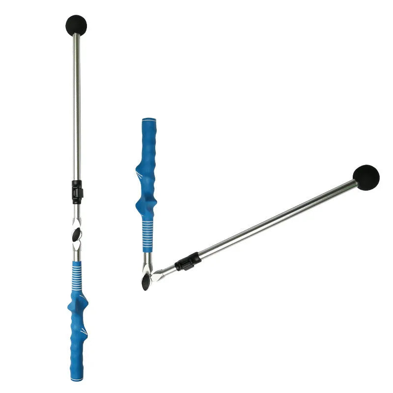 Golf folding swing trainer with aluminium shaft and rubber grip, extended to 110cm, black colour