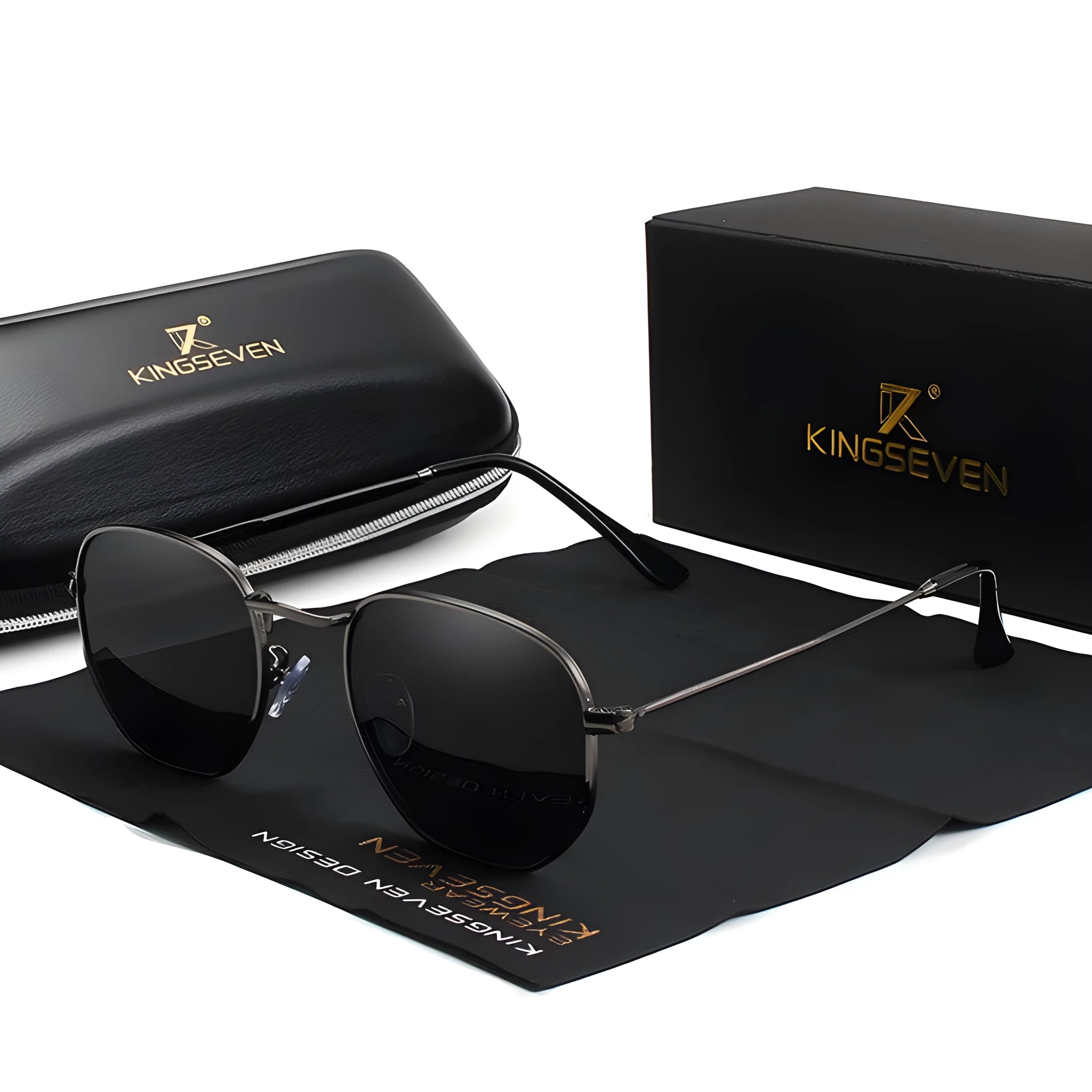 Men's classic round retro sunglasses in black frame on a grey background.