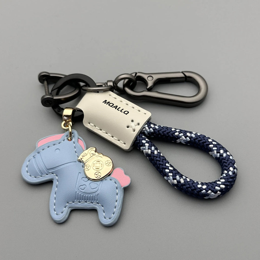 Handmade zinc alloy pony belt buckle keychain pendant on a flanelle rope loop.