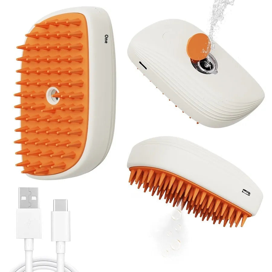 USB rechargeable pet steam brush in white and orange, ABS/TPR, 11.8 x 6.8 x 5.5 cm