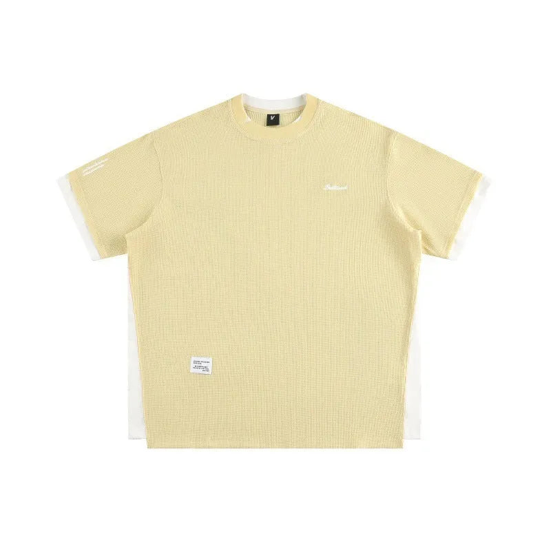 Men's waffle-textured short-sleeved t-shirt with retro alphabet embroidery in loose fit casual style