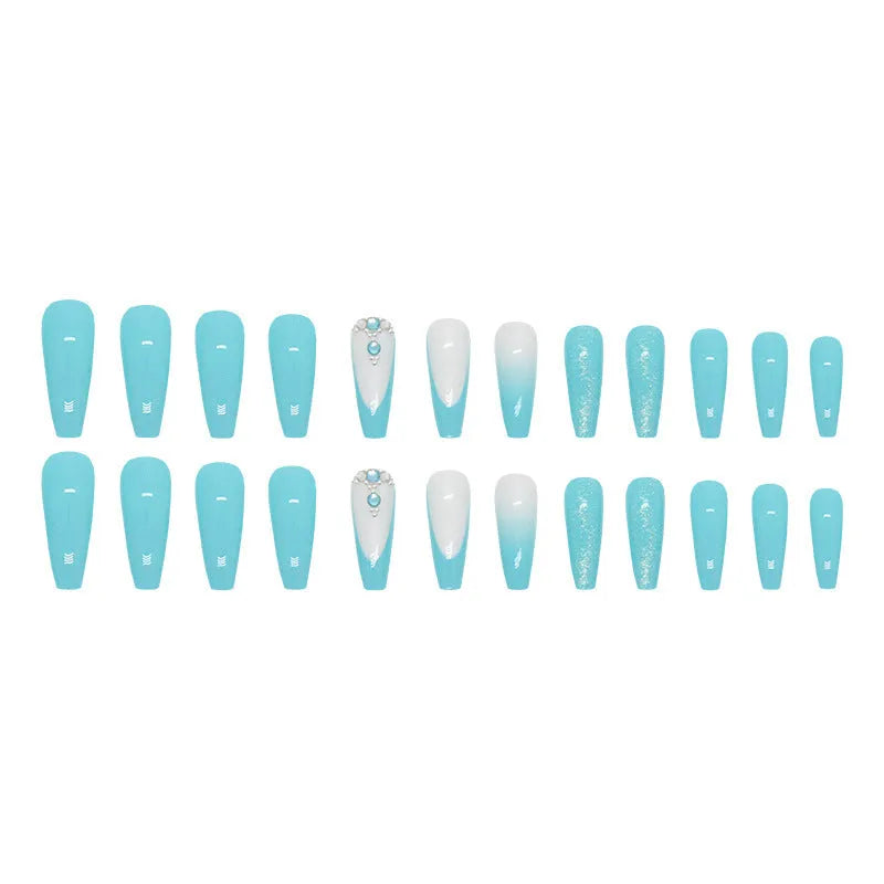 Long ballet shaped artificial nail patches with smart blue diamond pattern on solid blue background