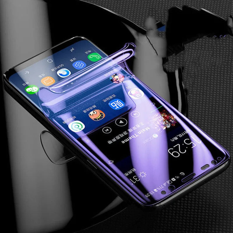 Purple light hydraulic film screen protector for curved Samsung Galaxy phone.