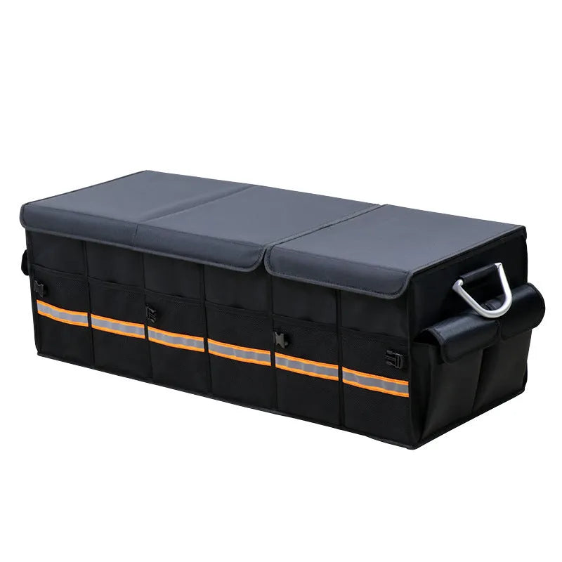 Black collapsible heavy-duty car trunk organizer with lid, dividers, and metal handles in SUV boot