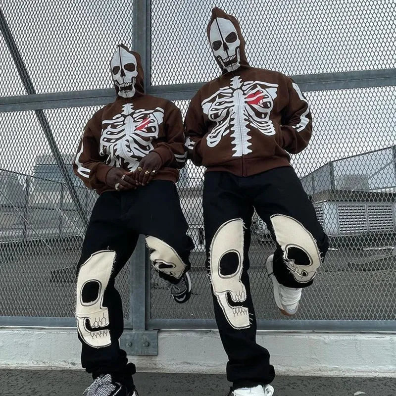 Y2K Millennial crew neck skeleton sweater coat loose fit cardigan for women in black with skeleton print