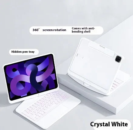360 swivel transparent keyboard case for iPad with trackpad and pen slot, showing open position
