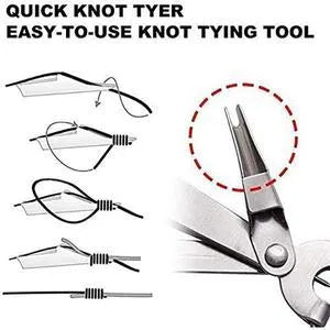 Black fishing pliers kit with scissors and quick knot tool on a white background, 8.5cm long