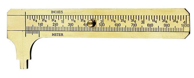 Double scale mini copper caliper 100mm brass vernier with clear markings on wooden surface