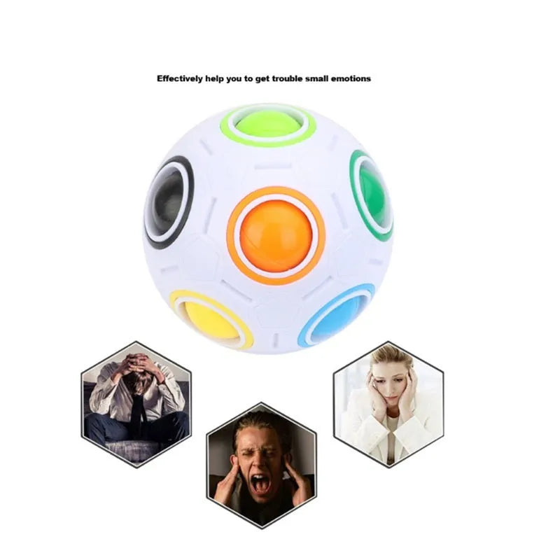 Rainbow coloured ball puzzle toy with multiple holes showing movable coloured balls inside plastic sphere