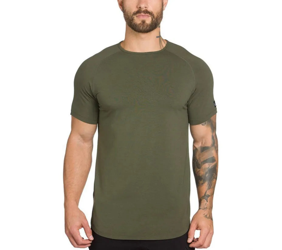 Mens plain cotton-spandex fitness shirt shown in multiple colour options including army green, black, and white.