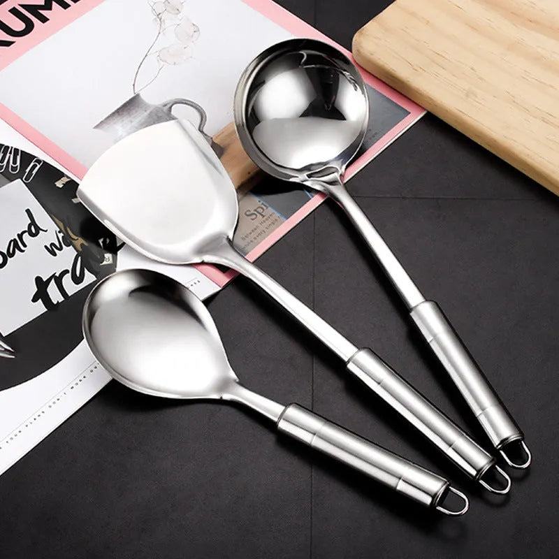 6 piece stainless steel kitchenware set with anti-scalding design, including shovel, spoons and colander