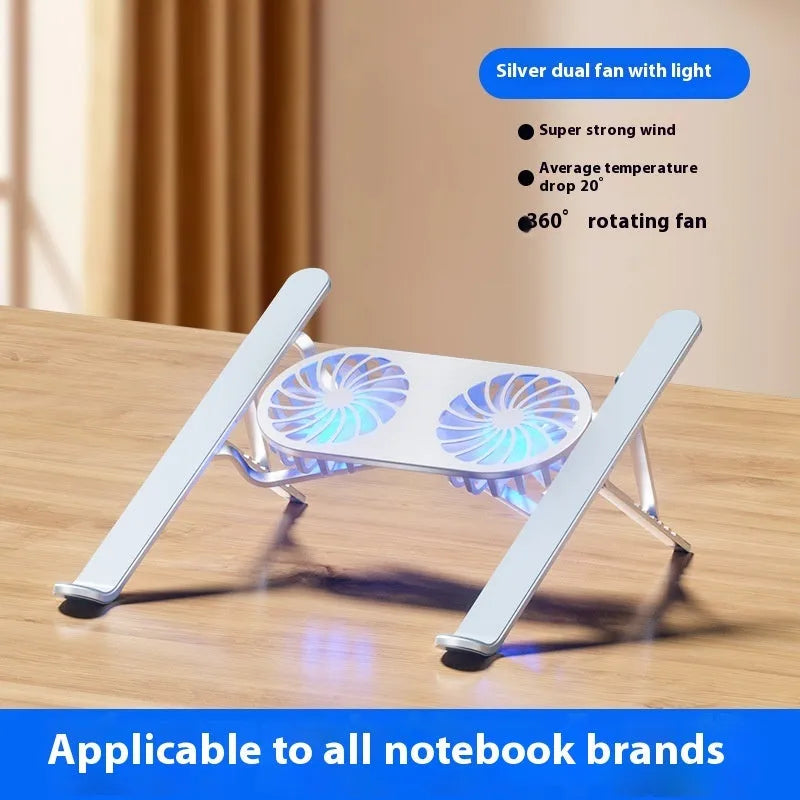 Silver aluminium laptop stand with twin cooling fans in folded position next to cloth storage bag
