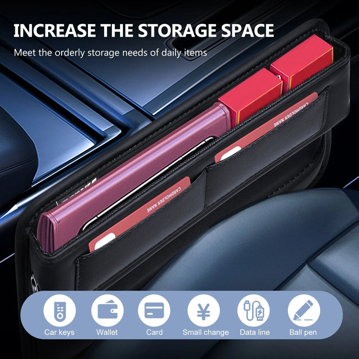 Black PU leather car seat gap storage box with data cable hole filling central console space