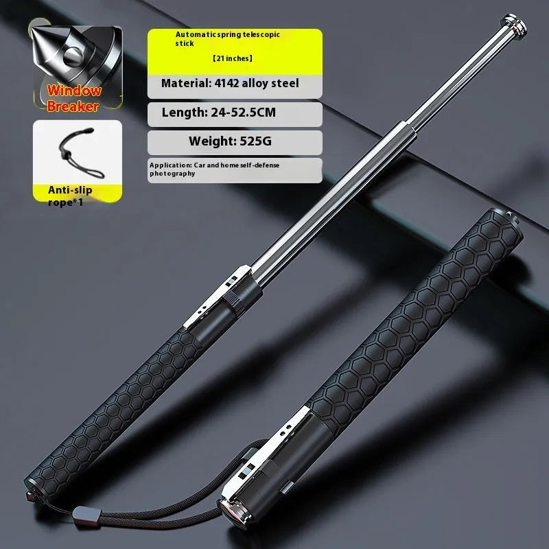 Titanium black aluminium alloy automatic spring expandable baton in collapsed and extended states.