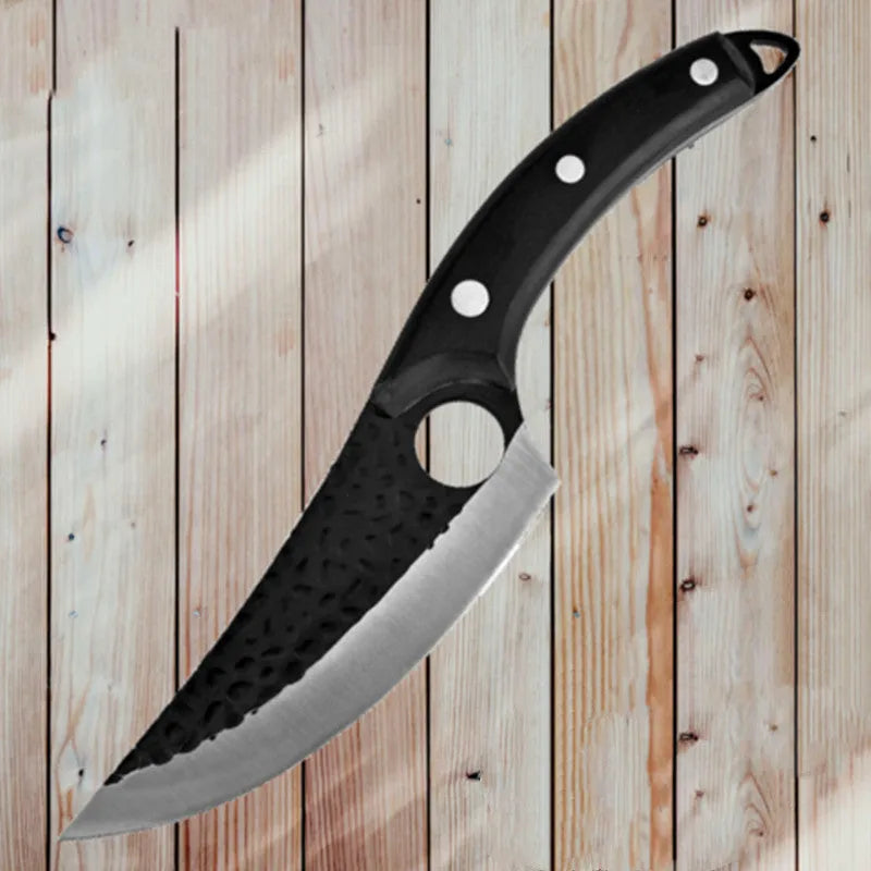 Small curved scimitar slaughter knife with leather sheath for pig butchering