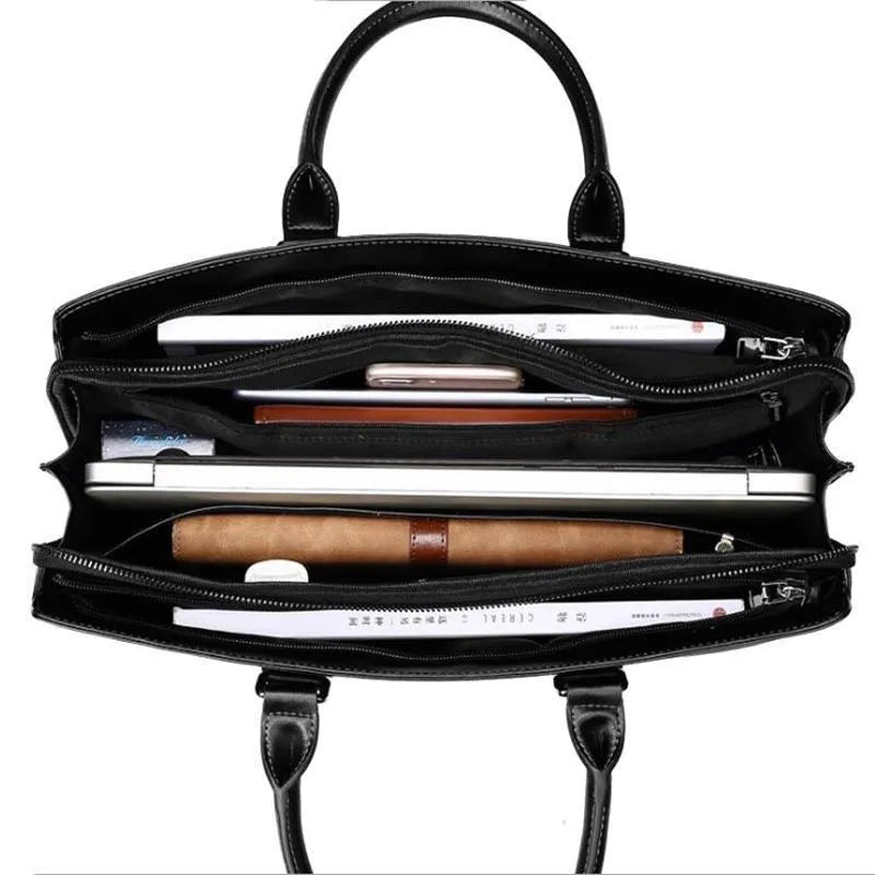 Men's PU briefcase file bag with Oxford fabric lining, thread-cut detail, in high-end black or blue