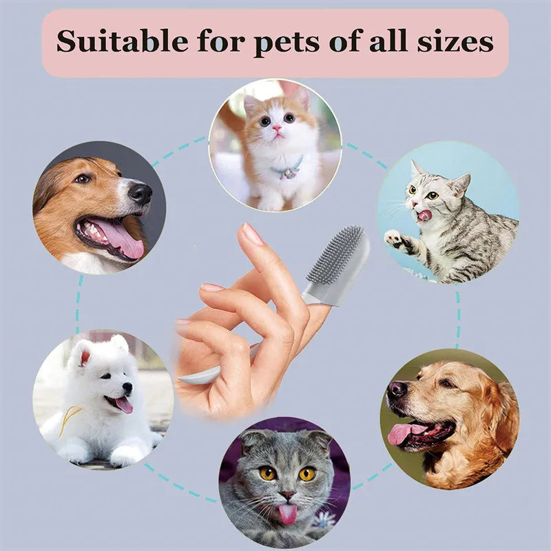 Pink reusable finger toothbrush for dogs and cats, with PP+TPR soft bristles, on white background