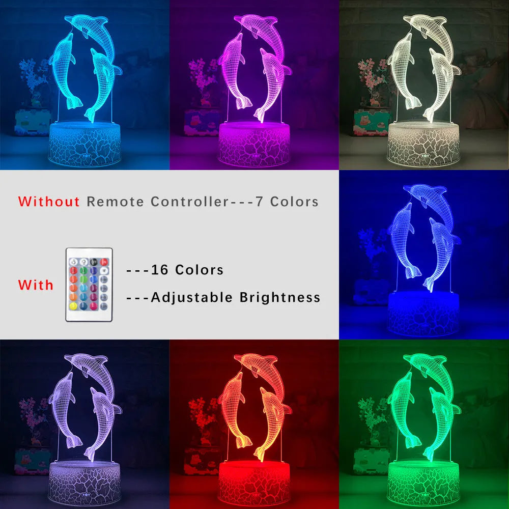 3D dolphin LED night light with acrylic board and ABS base, black or crackle, touch and remote control, USB powered.