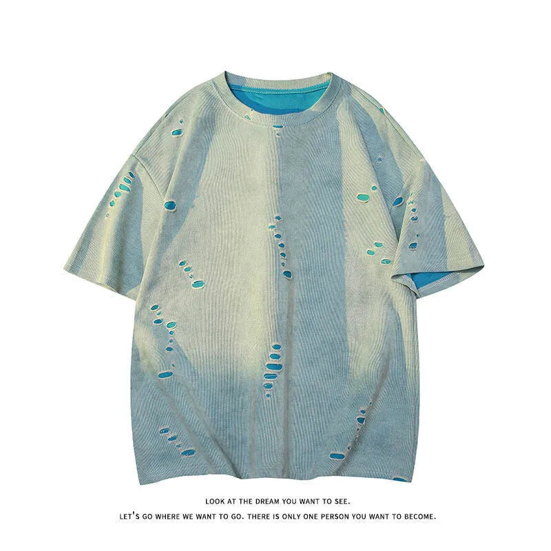 Grey men's loose ripped short sleeve cotton blend t-shirt on a hanger.