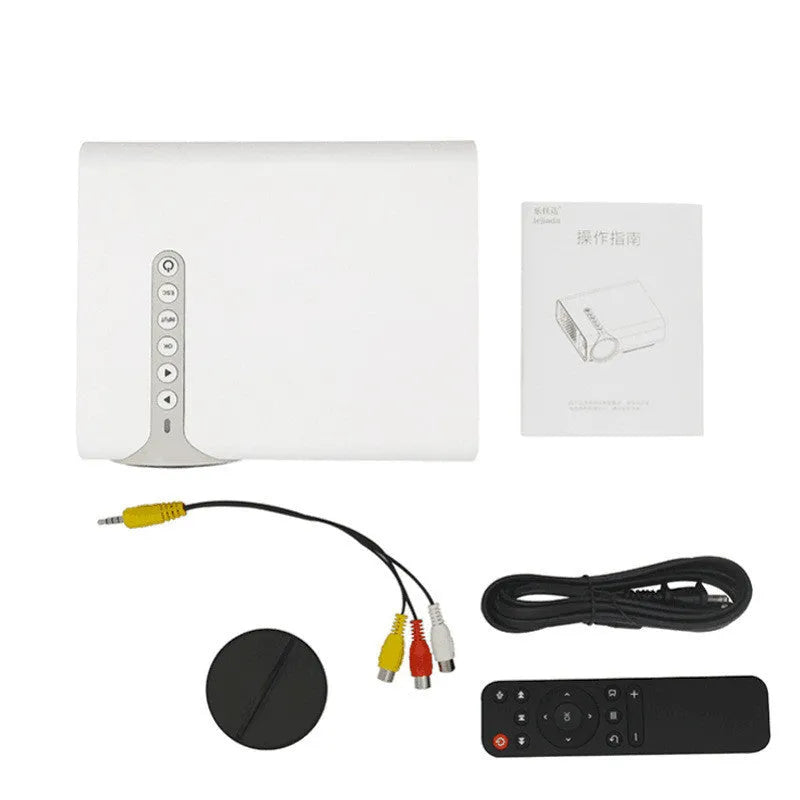 YG530 mini mobile phone projector in black or white with wireless connectivity and international plug adaptors