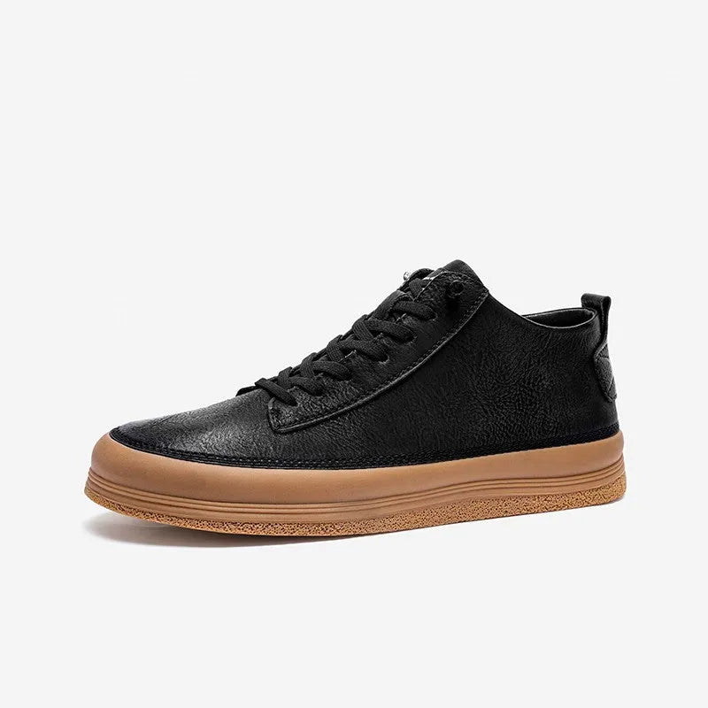 Men's black casual leather shoes with a round toe, lace-up front, and flat rubber sole.