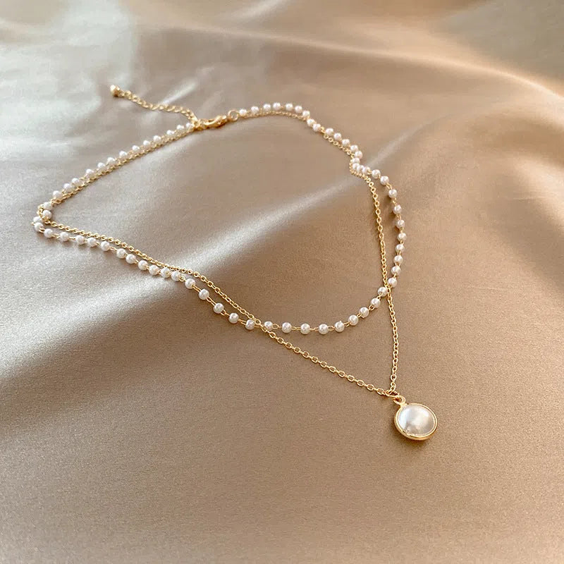 Double-layer pearl necklace with alloy chain and pearl pendant, inner chain 28.5cm, outer chain 40.0cm, extension chain 5.7cm