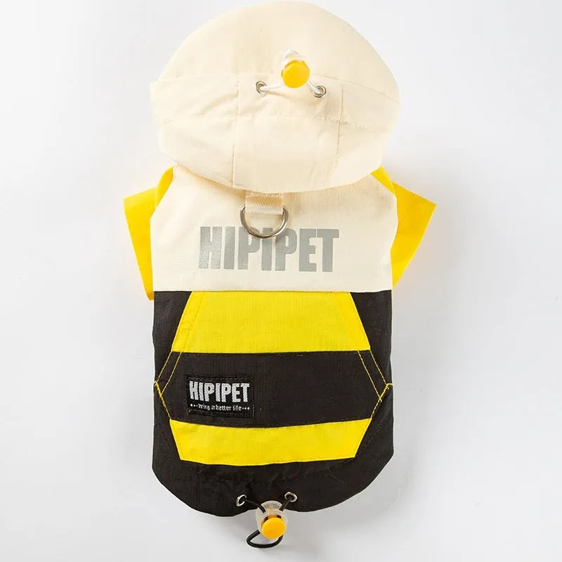 Colour block dog hoodie with metal D-ring at back, adjustable hood and hem, pink/blue or yellow/black, sizes XS to XXL