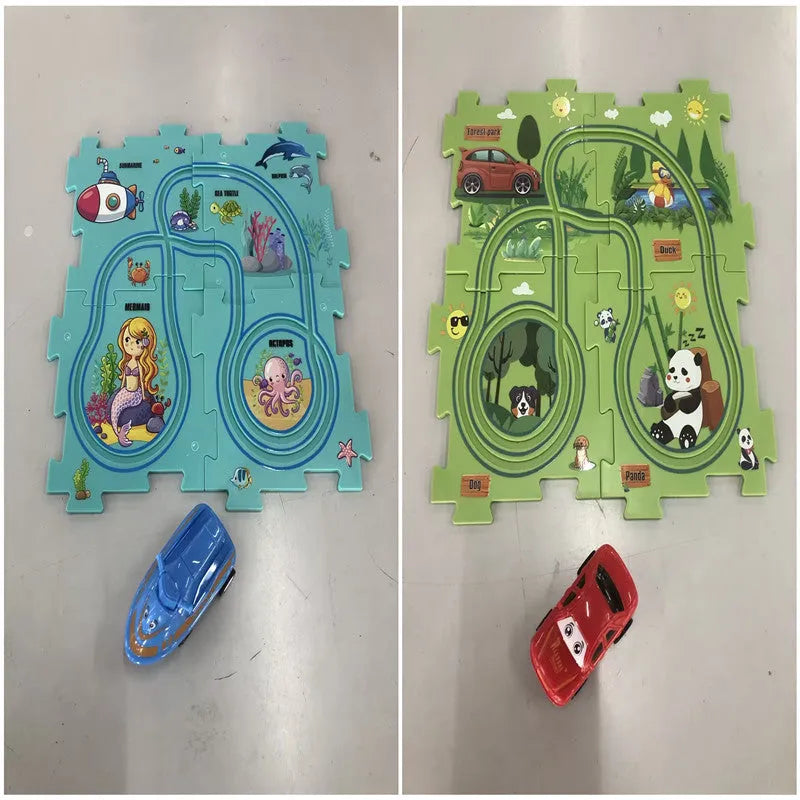 Children puzzle electric railroad speeder with DIY assembly track and automatic car, dinosaur theme