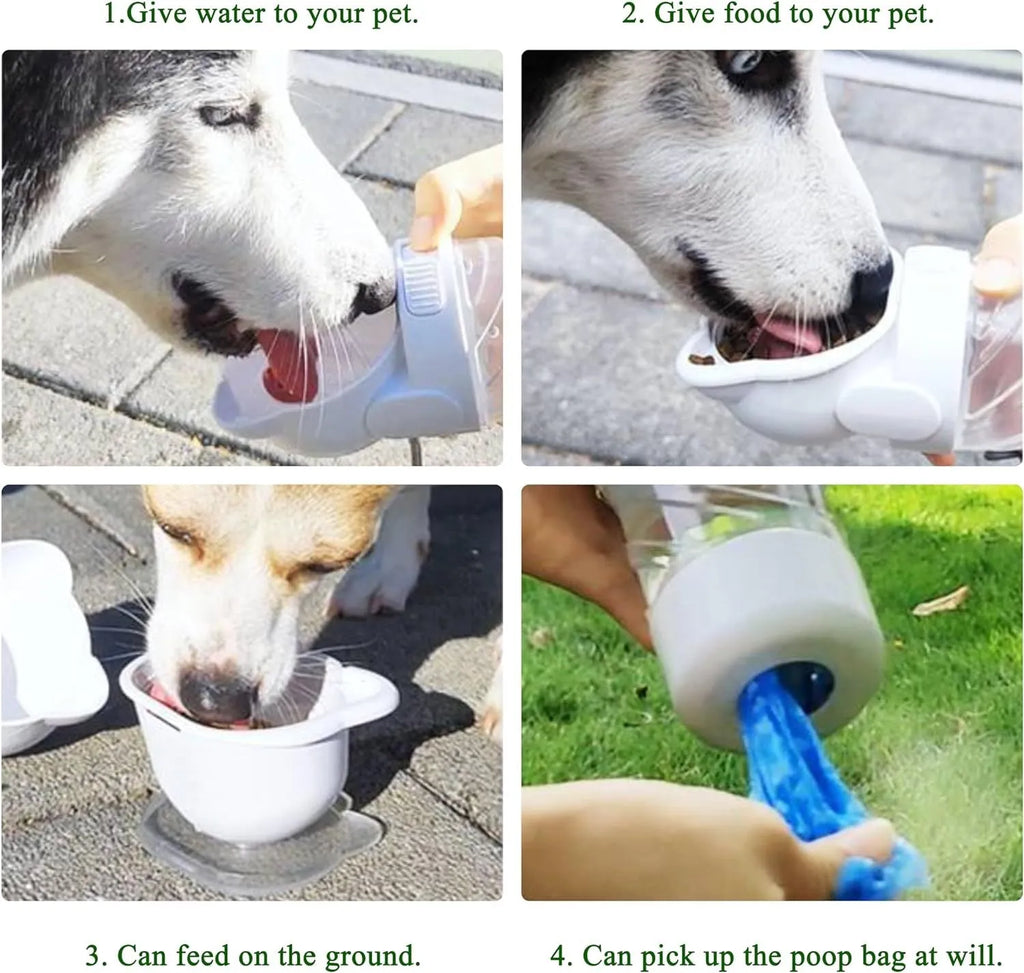 Green 3-in-1 portable pet water bottle with food container and waste bag dispenser held by hand.