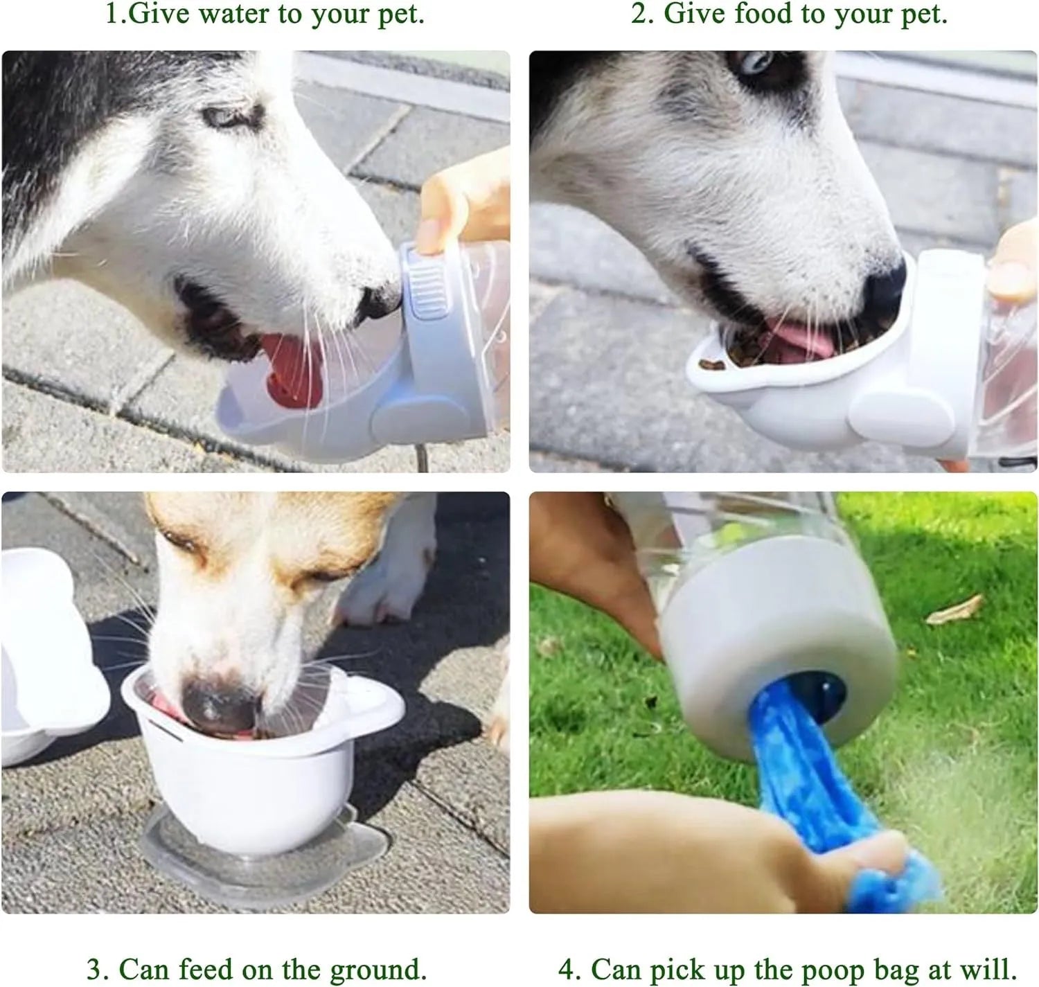 Green 3-in-1 portable pet water bottle with food container and waste bag dispenser held by hand.