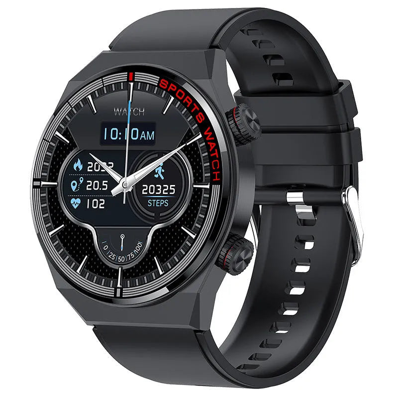 Rotary key Bluetooth smartwatch with touch screen on a genuine leather strap, showing call and fitness tracking interface.