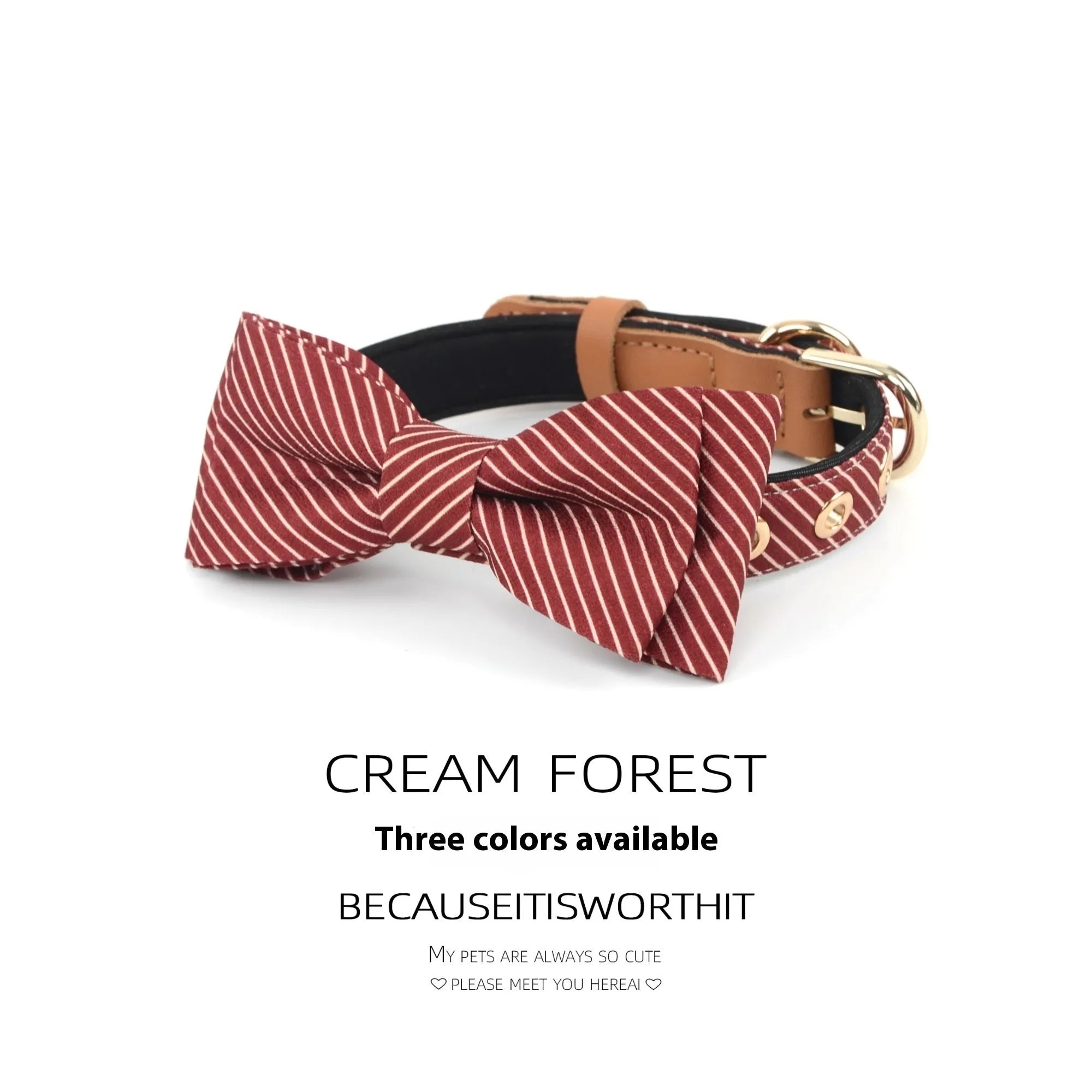 Soft cotton dog collar with detachable bow shown in dark blue, wine red, and white colour options.