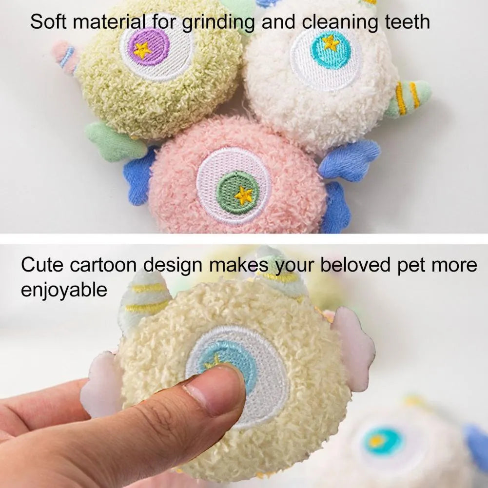 Cartoon-shaped plush dog chew toy with large eyes and squeaker sound feature