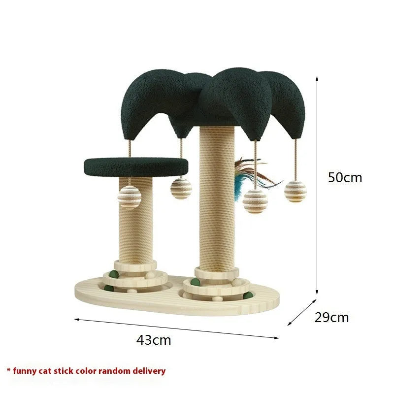 Solid wood cat scratching post with sisal rope and rotating turntable in decorative panda style design