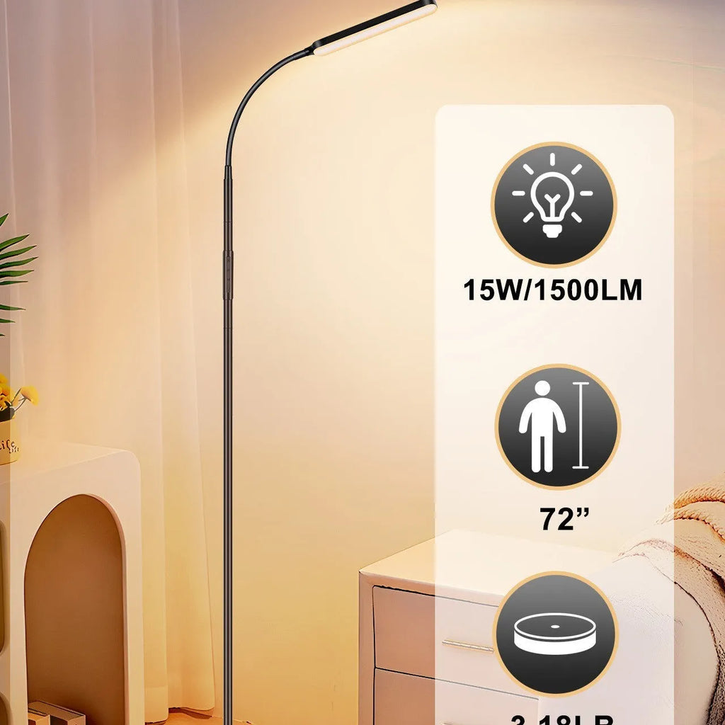 Black LED floor table lamp with plastic shade, three-colour dimming and infrared remote control, 24V