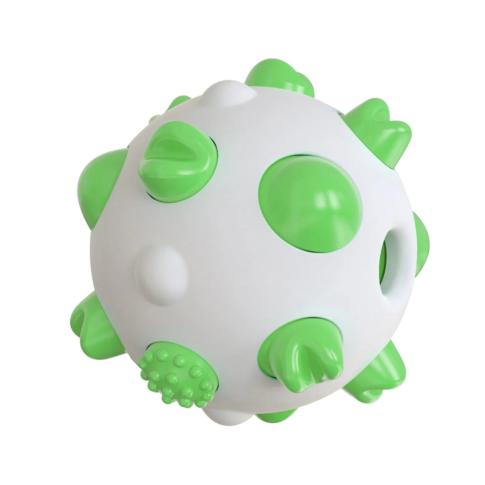 Blue green and yellow dog teething chew ball with textured bumps and hollow treat compartment