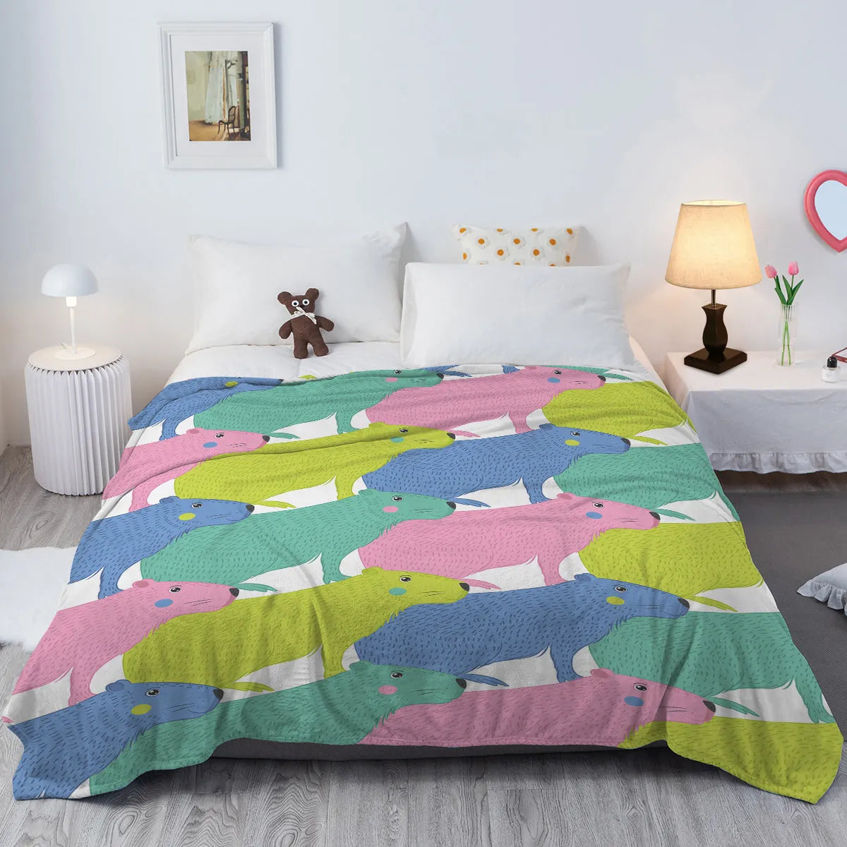 Pink flannel blanket with cartoon dolphin and pet theme pattern, 130x150cm size, soft throw