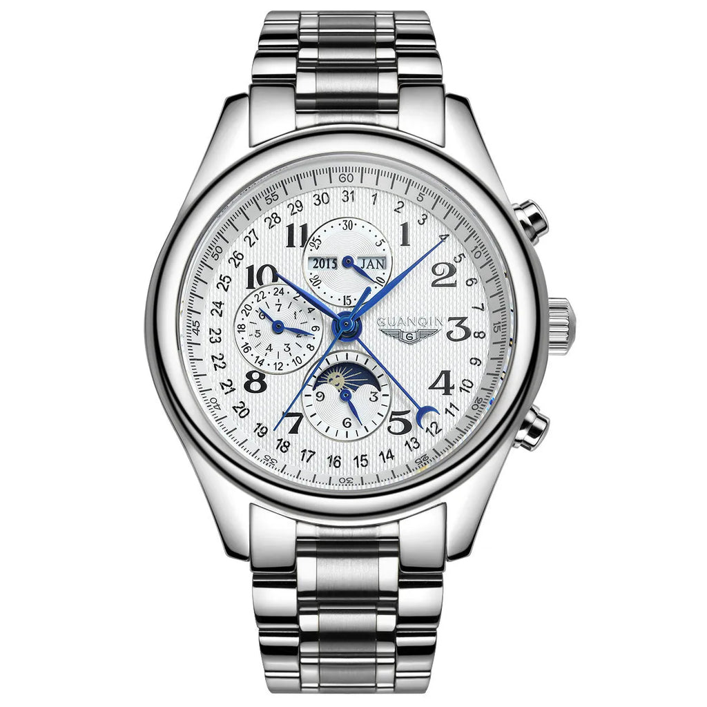Men's black perpetual calendar mechanical watch with leather strap showing moon phase display