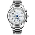 Men's black perpetual calendar mechanical watch with leather strap showing moon phase display