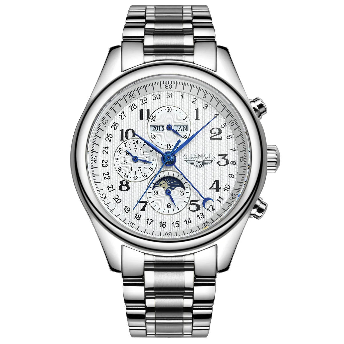 Men's black perpetual calendar mechanical watch with leather strap showing moon phase display