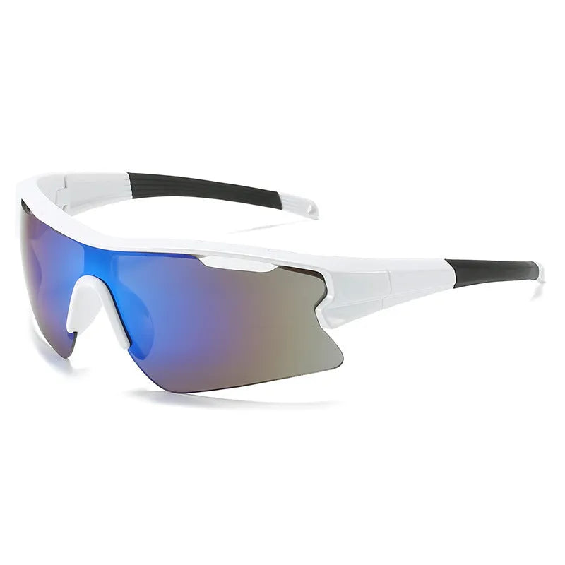 Windproof sports sunglasses with UV400 lenses shown in multiple colour combinations including black and white frames.
