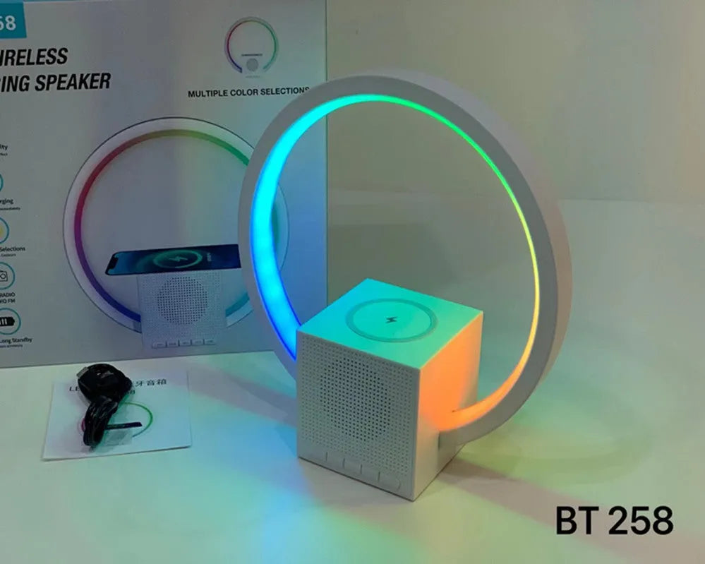 White smart ambience light with Bluetooth speaker, wireless charger, and card insertion, USB powered at 5V