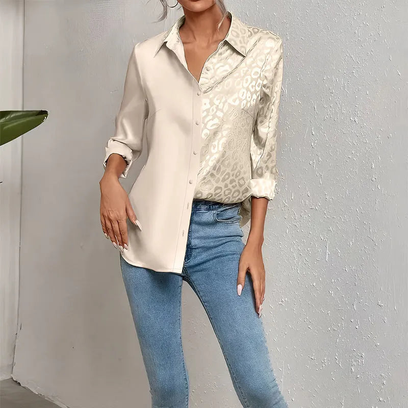 Women's leopard print long-sleeved double shirt in champagne, polyester fabric, sizes S to XL