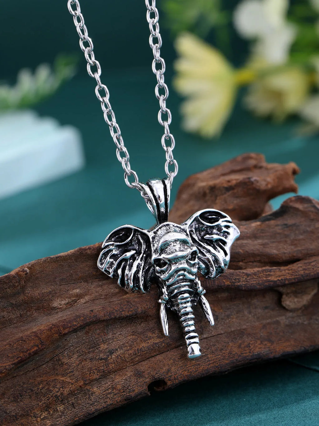 Elephant god pendant necklace in silver and black with stainless steel chain