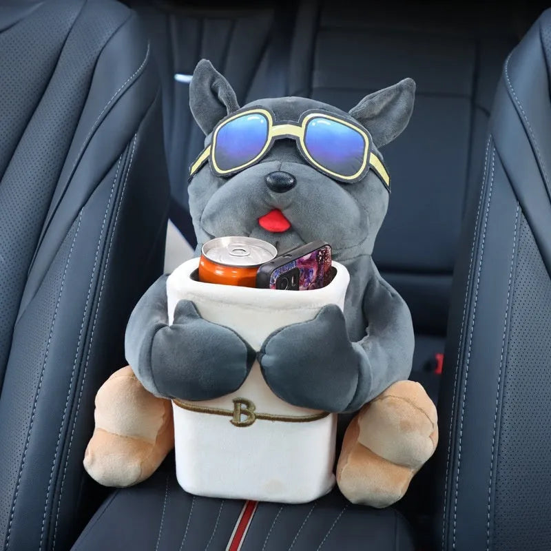 Plush car tissue box hanging from vehicle armrest in character design